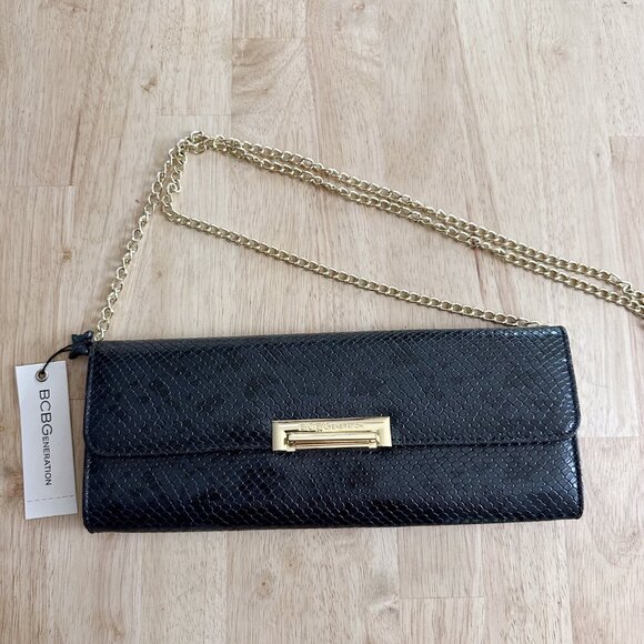NWT BCBGeneration Black Carlie Clutch Purse Small Formal Snake Print Gold Chain - Picture 9 of 10